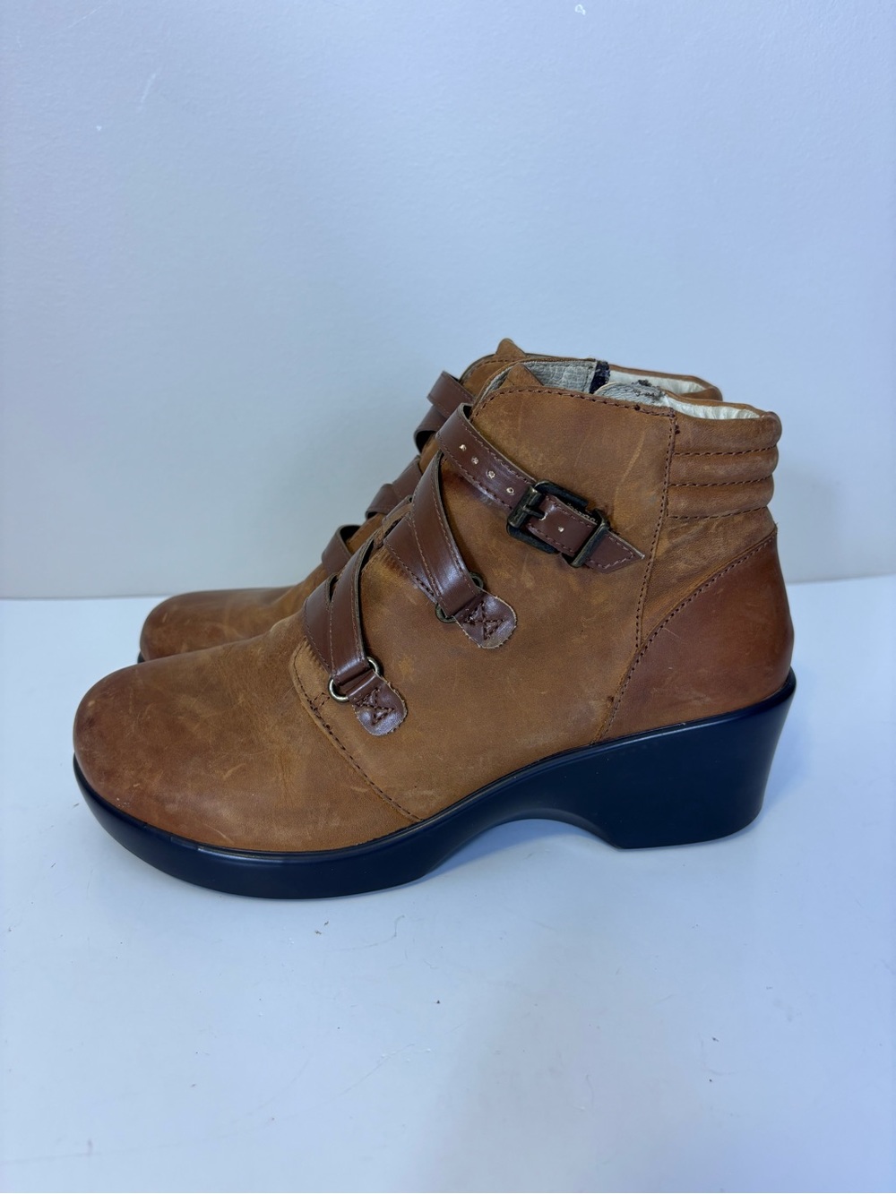 Alegria Brown Leather Wedge Ankle Boots with Buckle Straps 7